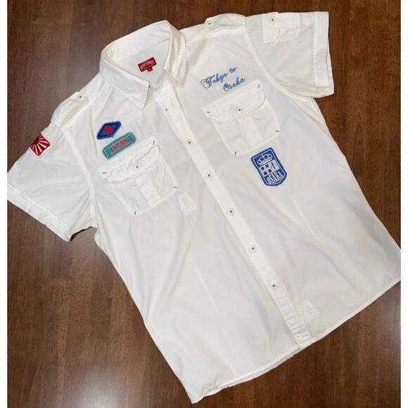Henry Choice Blue Jeans White Short Sleeve Shirt L Tokyo Osaka Japan Patches - Picture 7 of 14